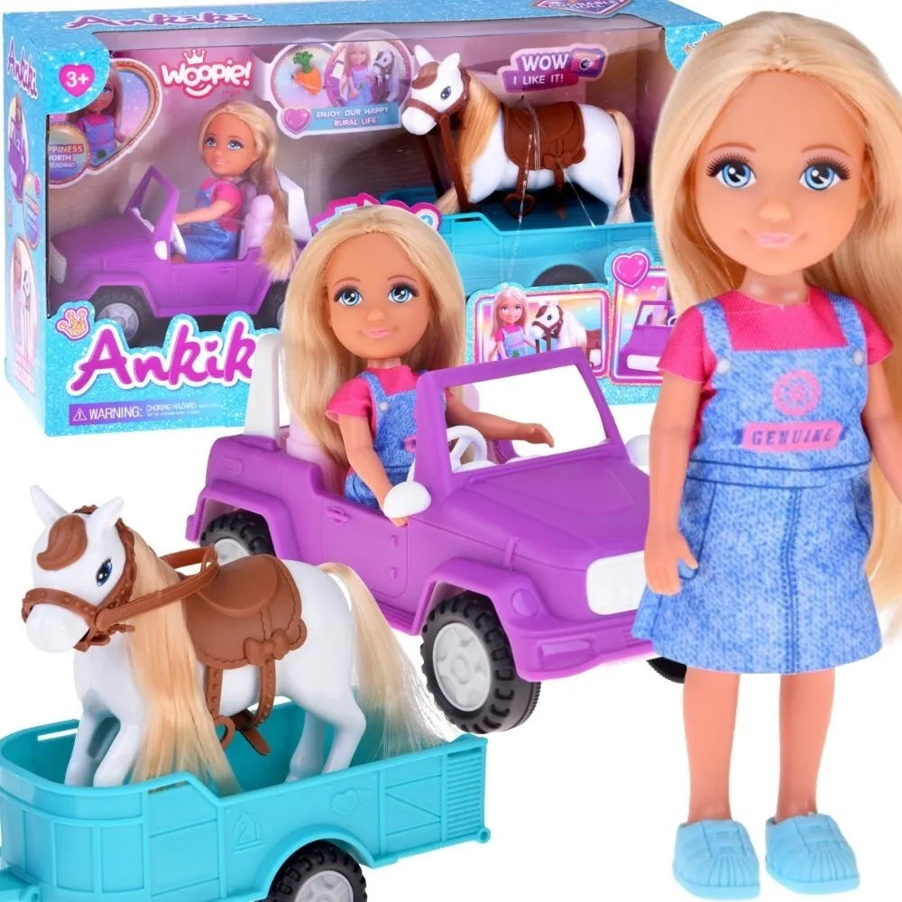 Woopie „Kiki“ lėlė su arkliu, džipu ir priekaba – nuotykiai kaime ir rančoje